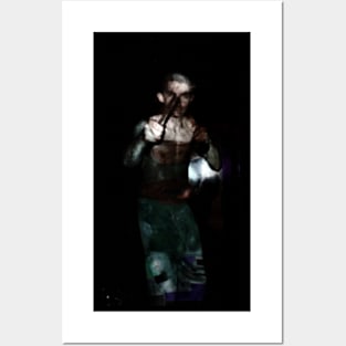 Special processing. Brutal guy, with two spikes, in fighting position. Dark, high contrast. Green and brown. Lighter and more yellow. Posters and Art